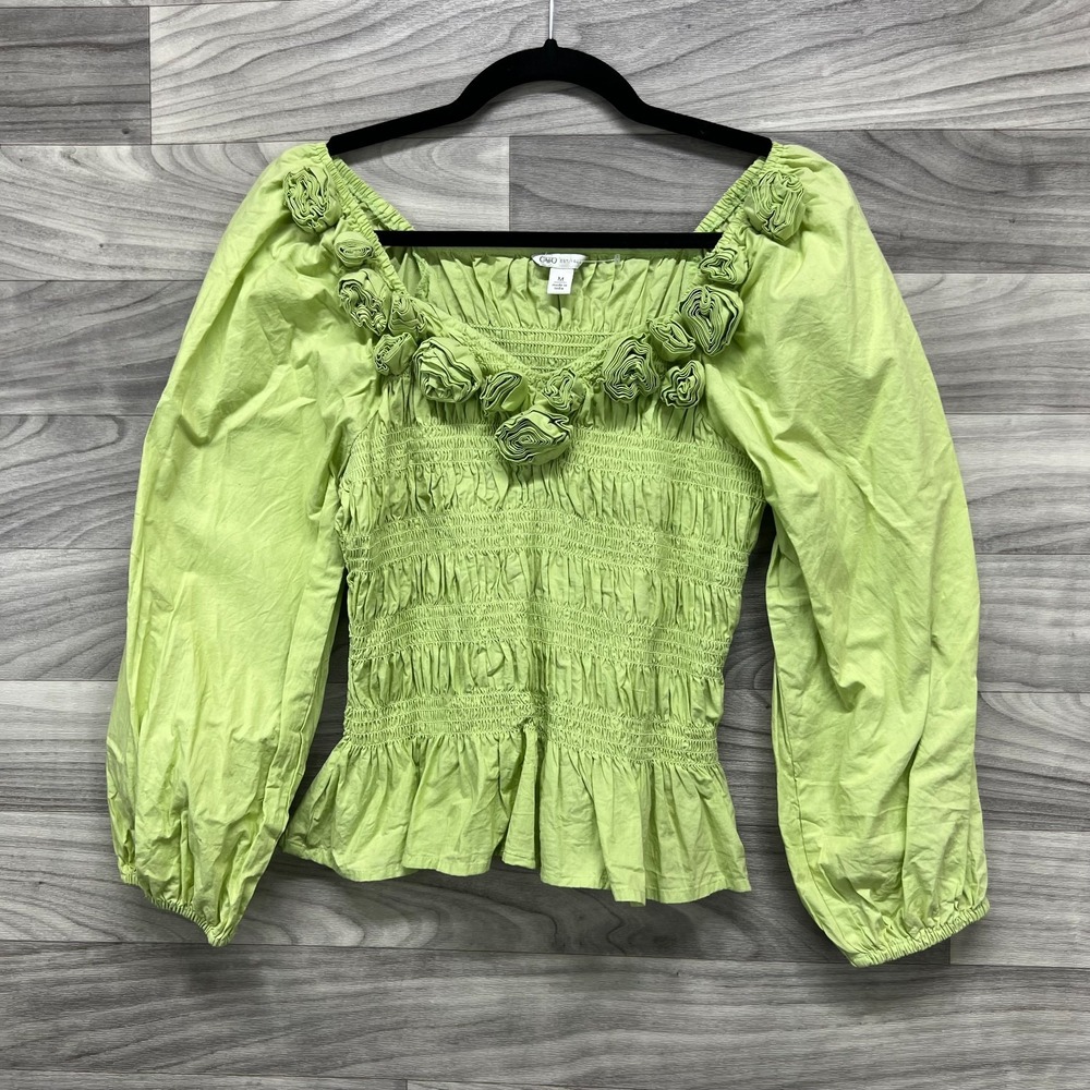 Cato Cropped Blouse Women's Medium Green Cotton Smocked Pleated Balloon Sleeve